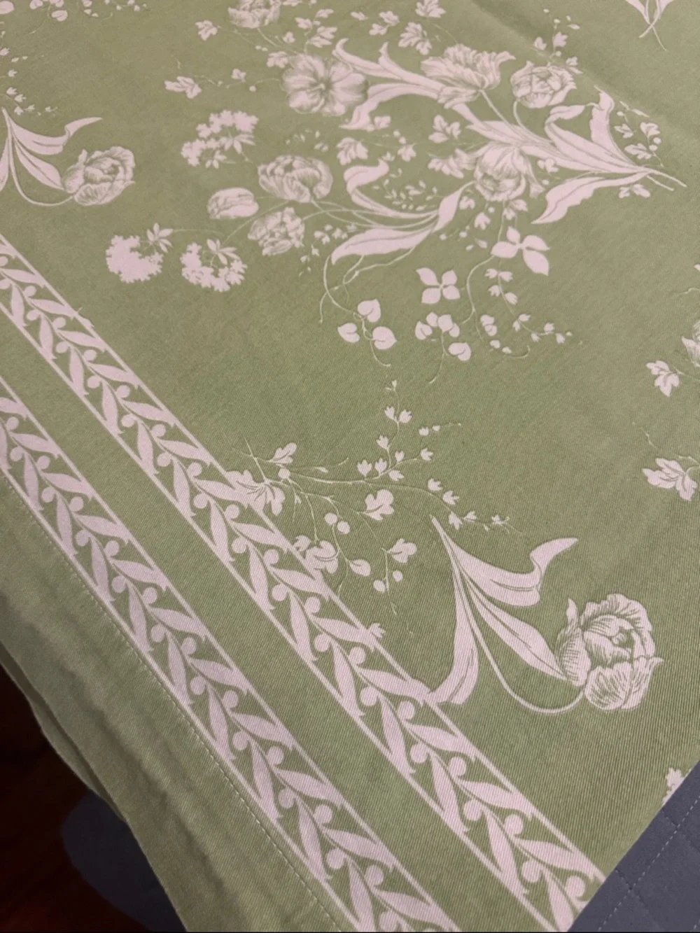 Williams Sonoma Sage Green Tablecloth with White Floral Motif- 70x90”